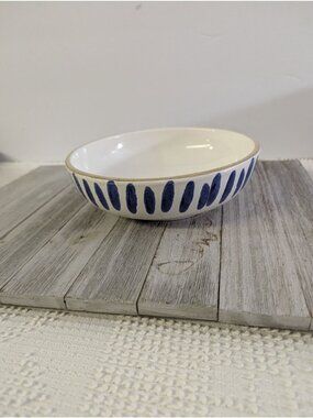 CMG Cobalt Blue White Wide Striped Pasta Cereal Bowl 7 3/4" Hand Made Portugal